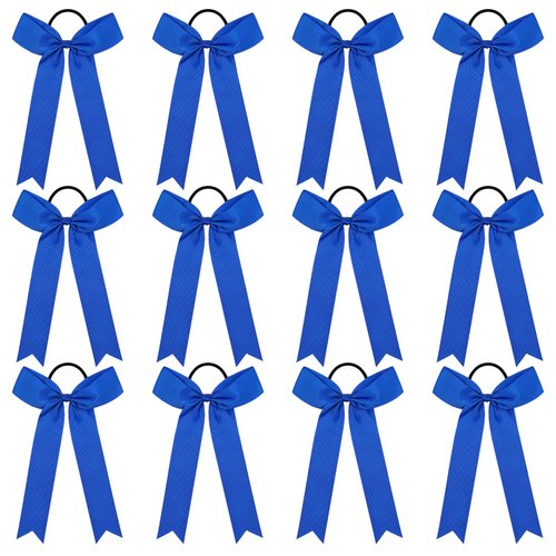 DEEKA 12 PCS Collegiate Style Cheer Bows Long Tail Skinny Cheer Bow Ponytail Holder Handmade Bows for Girls Teens Softball Cheerleader Sports -Royal Blue