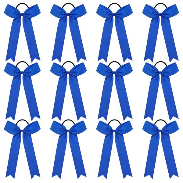 DEEKA 12 PCS Collegiate Style Cheer Bows Long Tail Skinny Cheer Bow Ponytail Holder Handmade Bows for Girls Teens Softball Cheerleader Sports -Royal Blue