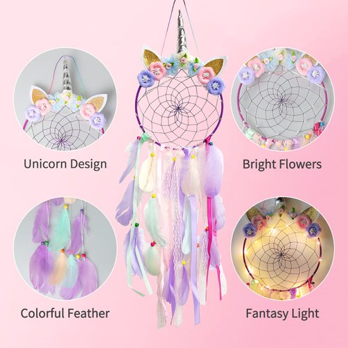 LED Lighted Up Unicorn Dream Catcher Wall Decor Colorful Feather Dreamcather Wall Hanging for Girls Kids Bedroom Decoration (Purple with Light)