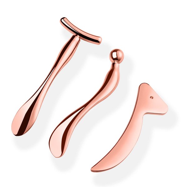 KOIBITO 3 PCAK Cooling Metal Facial Massage Stick, Eye Cream Applicator Wand, Gua Sha Scraping Tool Set, Reduce Puffiness Skin Firming and Lifting (Rose Gold)