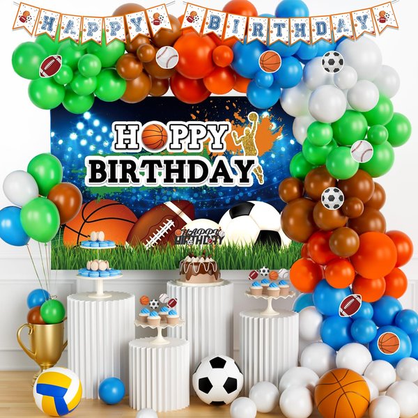 Fiesec Sports Themed Birthday Party Decorations, Ball Sports Superstar Party Supplies Backdrop Balloon Garland Arch Banner Cake Cupcake Topper Football Basketball Soccer Baseball Volleyball