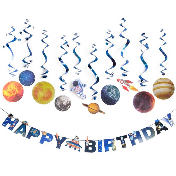 SUNBEAUTY 11 Pcs Solar System Hanging Decoration Universe Space Happy Birthday Banner Outer Space Whirls Hanging Swirl for Kids Birthday Solar System Party Supplies