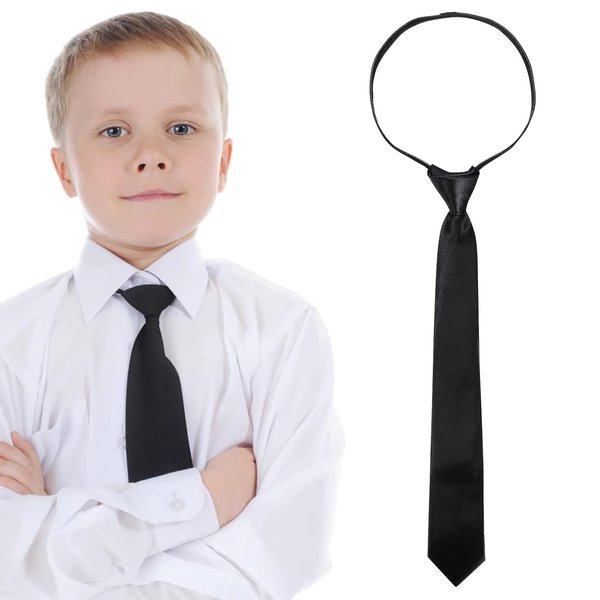 Yolev Black Zipper Tie for Boy Clip-on Neckties Solid Uniform Pre-tied Adjustable Neck Strap Tie for Wedding Graduation