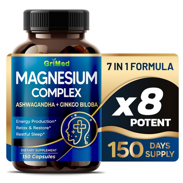 Magnesium Complex 8,600mg - x8 Power with Ashwagandha + Ginkgo Biloba - Relax & Restore, Restful Sleep - USA Made & Tested (150 Count (Pack of 1))