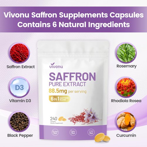 Saffron Supplements Softgels, Natural Saffron Extract Supports Eyes Health, Energy, Mood, Immunity, Focus, Rich in Vitamin and Extracts of Saffron, Turmeric, Rosemary (480 Softgels / 2 Bag)