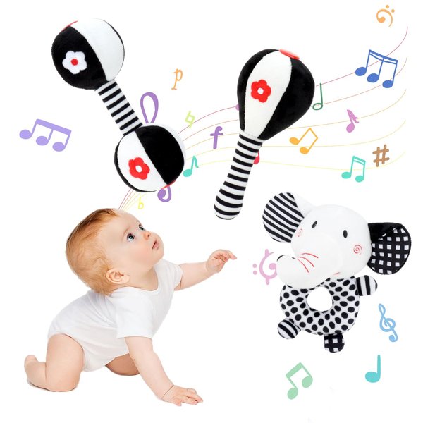 3PC Soft Baby Rattles 0-6 Months Newborn Toys, Vsenkes Black and White High Contrast Baby Toys Rattle for Infants 0-3 6-12 Months Babies Montessori Brain Development Teether Toy(Maraca Elephant Set)