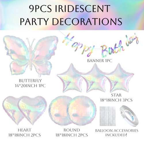 Iridescent Foil Balloons, 9 Pcs Songstar Butterfly Heart Star Transparent Balloons with Holographic Banner for Bachelorette Party Decorations Girls Birthday Summer Disco Baby Shower Party Supplies
