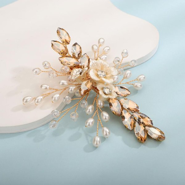 Teyglen Crystal Bridal Hair Clip Wedding Flower Rhinestone Hair Clips Handmade Pearls Crystal Hair Pieces Barrette Wedding Hair Accessories for Bride Floral Flower Headpieces for Women Girls