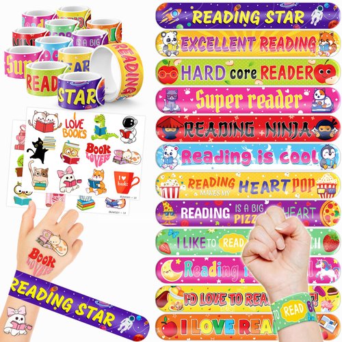 48 Love to Read 24PCS Love to Read Temporary Tattoos Sticker 24PCS Slap Bracelets Perfect for Themed Birthday Party Favors Baby Showers or Classroom Rewards Ideal Decor and Gifts for Girls and Boys
