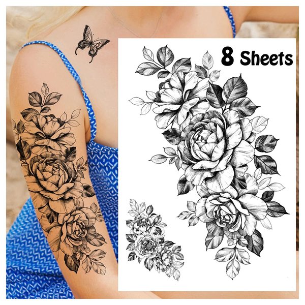 Cerlaza 8 Sheets Flower Temporary Tattoos for Women, Fake Tattoo Waterproof Semi Permanent Half Arm Sleeve, Realistic Long Lasting Sexy Tattoos Tatuajes Temporales Women