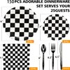 Black and White Checkered Race Car Party Supplies 150Pcs,Racing Party Tableware Set 9"& 7"Checkered Plates and Checkered Flag Napkins Knives Forks Spoons for Race Car Themed Birthday Party Decorations