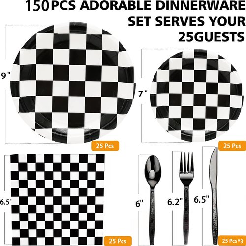 Black and White Checkered Race Car Party Supplies 150Pcs,Racing Party Tableware Set 9"& 7"Checkered Plates and Checkered Flag Napkins Knives Forks Spoons for Race Car Themed Birthday Party Decorations