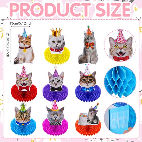 9 Pcs Cat Themed Honeycomb Centerpieces Cats Party Decorations Cat Happy Birthday Party Supplies Cat Party Cake for Kids Baby Shower Birthday Supplies