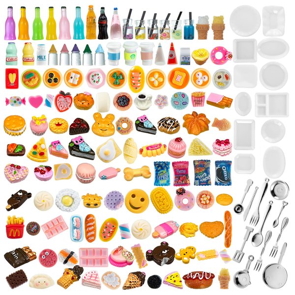 150Pcs Miniature Food Drinks Bottle Toys Mixed for Dollhouse Kitchen Accessories Mini Play Fake Resin Pretend Game Party Tableware 1/12 Doll House Bread Cake Models Micro