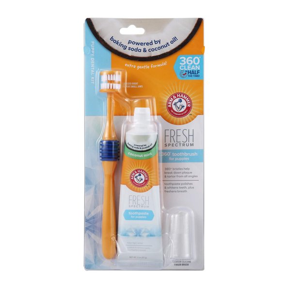Arm & Hammer Fresh Spectrum Puppy Dental Kit for Small Dogs | Puppy Tooth Brushing Kit 360 Degree Dog Toothbrush, 2 oz Baking Soda Arm & Hammer Toothpaste, Finger Brush | Cleans Plaque and Tartar