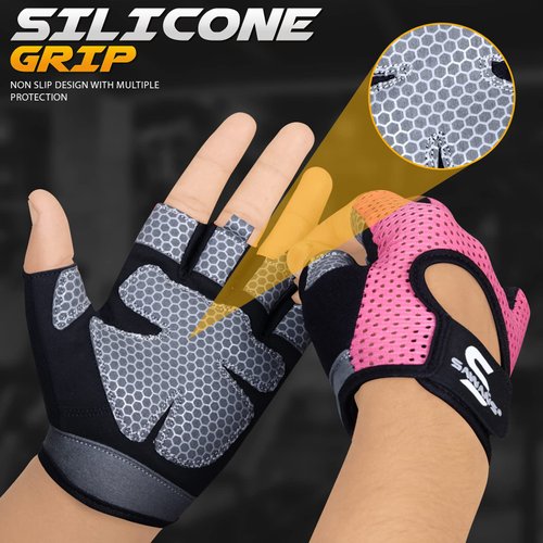 SAWANS Workout Gloves for Men and Women Weight Lifting Gloves Gym Fitness Exercise Cycling Pull ups Microfiber Lightweight Breathable Non-Slip Silicone Padded Palm Grip (Pink, Medium)