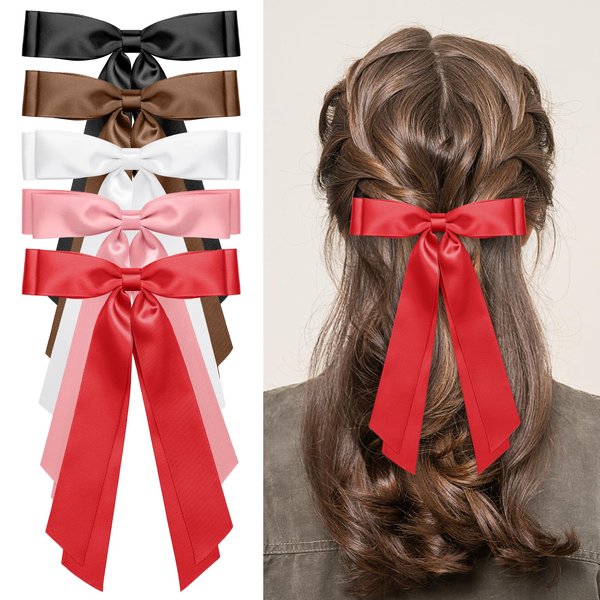 5PCS Silky Satin Hair Bows, Etercycle Beautiful Hair Ribbon Tassel Bow Clip, BowKnot Barrettes Hair Accessories Alligator Clips Hair Bow for Women Girls(Black/Beige/White/Red/Brown)