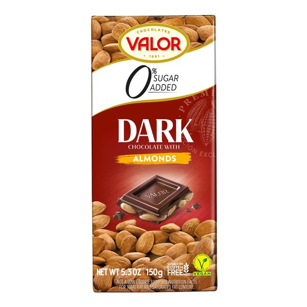 Valor. Dark Chocolate with Mediterranean Almonds. No sugar added. 150g (5.29oz)