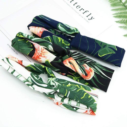 Aysekone 3 Pack Elastic Women's Tropical Beach Wind Summer Headbands Hair Accessories Turban Green Banana Leaves Printed Cross Knot Headwear Hair Bands for Lady Girls