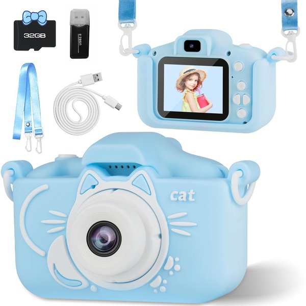 Kids Camera Toys for 6-12 Years Old Boys Girls,Toddler Camera with Protective Silicone Cover,HD Digital Video Cameras with Dual Lens 32GB SD Card,Christmas Birthday Gift for 6 7 8 9 10 11 12