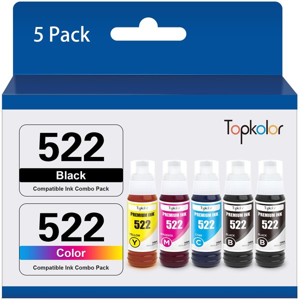 Topkolor 522 Ink Refill Bottles Replacement for T522 522 Ink Refill Bottles (Not Sublimation Ink) Use for Epson ET-2720, ET-2800, ET-2803, ET-4800,ET-4700, ET-2710 Printer (5 Bottles)
