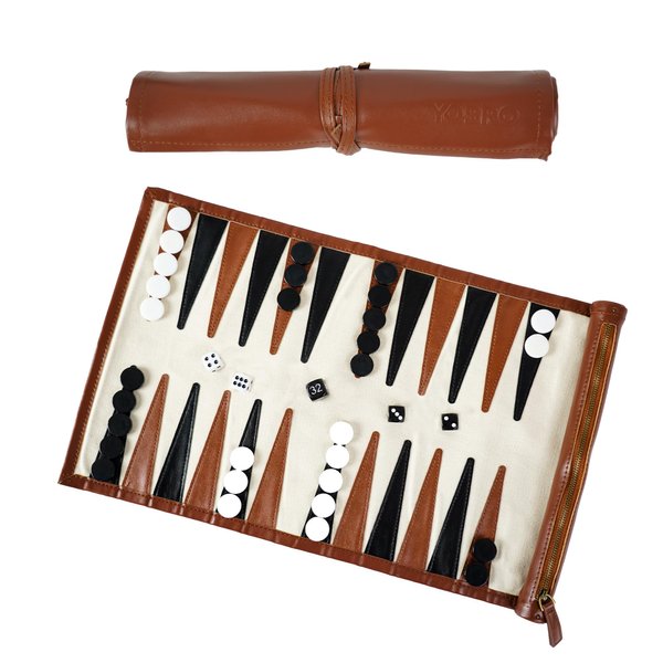 YOBRO Travel Backgammon Sets for Adults, Classic PU Leather Roll-Up Backgammon Board Game Gift for Kids, Portable & Lightweight Travel Style for Indoor Outdoor, Funny Family Game