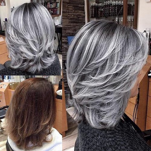KRSI Grey Layered Wig Mix Gray and Black Natural Wave Hair Wigs for Women Shoulder Length Silver Wavy Wigs with Curtain Bangs Wigs 14inch Short Layered Gray Wig Short Synthetic Wigs for Black Women