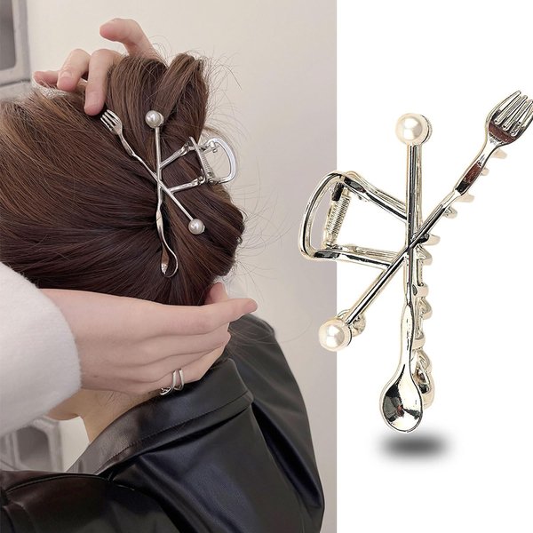 Forks Spoons Hair Clips with Pearl Silver Metal Hair Claw Clips for Women Girls Creative Forks and Spoons Hair Accessories Shiny Elegant Hairpins Strong Hold Nonslip Hair Clip Goddess Look 1 Pcs