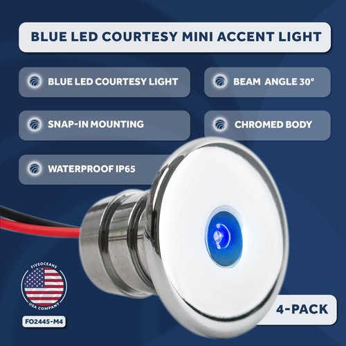 Five Oceans LED Marine Courtesy Lights, 4-Pack Boat Mini Accent Light, Round Deluxe Light for Boat Interior, Deck, Cockpit, Blue LED, for Pontoon, Fishing Boat, Bass Boat, Sailboat, RVs - FO-2445-M4