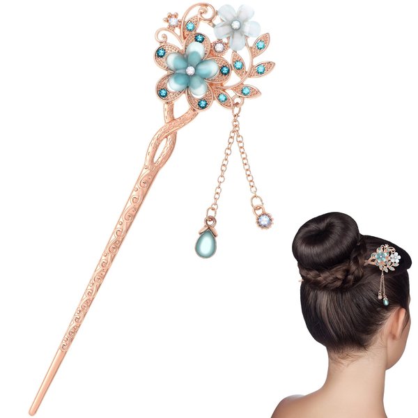 Frcolor Rhinestone Hair Stick, Chinese Hair Chopsticks Hairpin Chignon Pin (Blue)