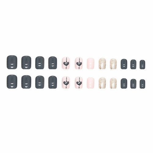 MISUD Short Square Press on Nails Squoval Fake Nails Glossy Glue on Nails Gray Blue Gel Acrylic Nails Bling Glitter Artificial Nails Heart Pattern Stick on White False Nails with Eye Design 24 pcs