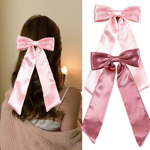 2PCS Silky Satin Hair Bows Hair Clip,Hair Bow Ribbons Clip With Long Tail Bowknot Hair Barrettes for Women Girls Toddlers Teens Kids (Light Pink+Dark Pink)