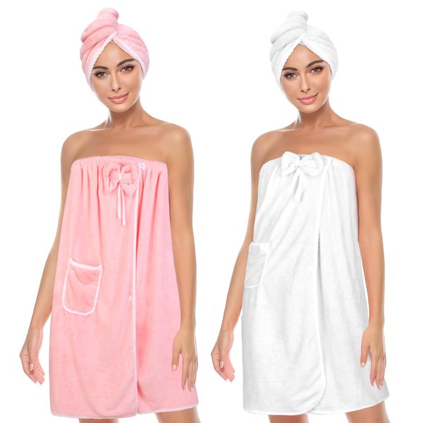 BABYSHEEP Towel Wrap Women Shower Robe Adjustable Closure Bathrobe with Hair Drying Towel & Headband Wristband Towel Dress & Spa Wraps - 2 pack