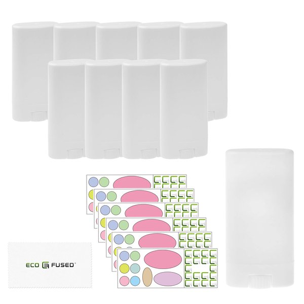Eco-Fused Deodorant Containers 10-Pack - White - 0.5 Oz (15 ml) - 60 Writable Stickers - Twist Mechanism - Refillable Cosmetic Containers for DIY Deodorant, Lip Balm, Soap, Lotion Sticks etc.