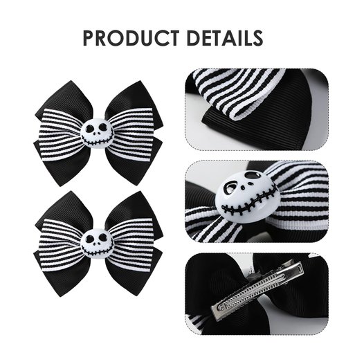 2Pcs Ghost Skull Hair Bows Black White Striped Ribbon Hair Clip Christmas Halloween Costume Accessories Party Decorations for Jack Skellington