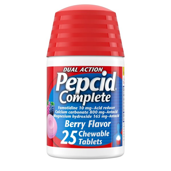 Pepcid Complete Acid Reducer + Antacid Chewable Tablets, Heartburn Relief, Berry, 25 Count