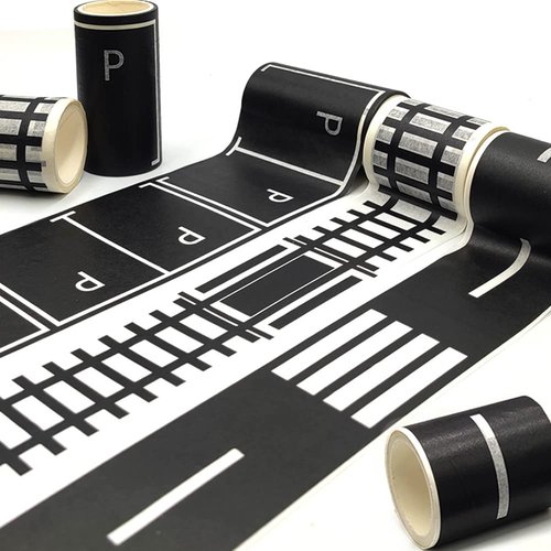dspitwod Play Road Tape for Toy Cars Trains 6-Pack Black Car Track Tape, Parking Spot Stick to Floors and Table Flat Surface,No Residue, for Kids Gift (TAPE6)