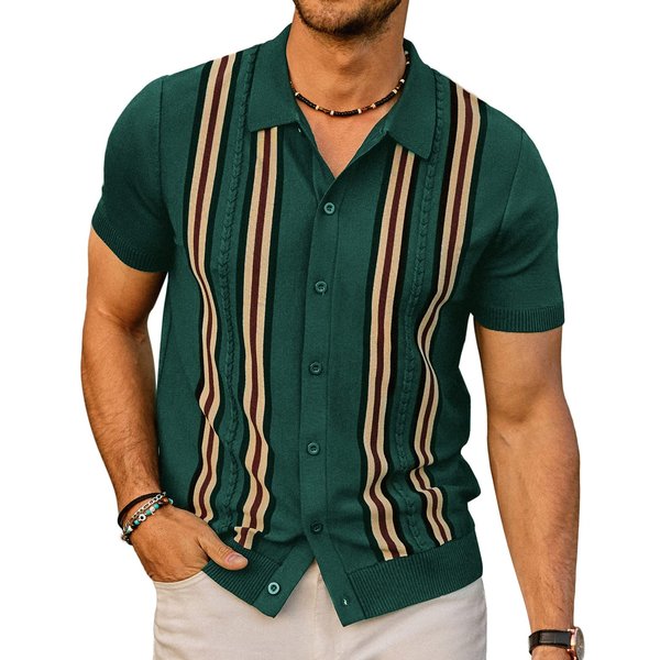 PJ PAUL JONES Mens Retro Striped Polo Shirt Short Sleeve Button Down Knitted Shirts Green XL