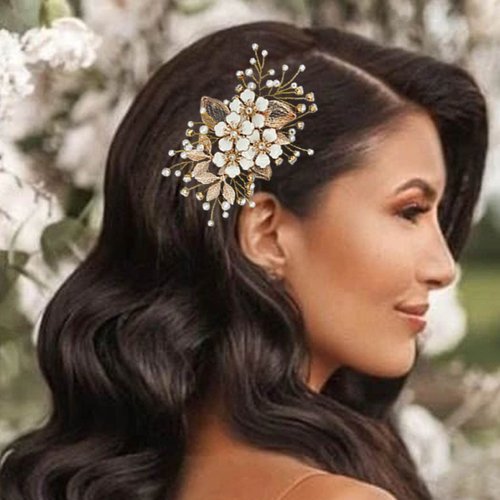 Catey Flower Bride Wedding Hair Clip Gold Hair Comb Rhinestone Wedding Hair Piece Baroque Bridal Hair Clip Side Comb Hair Accessories for Women and Girls