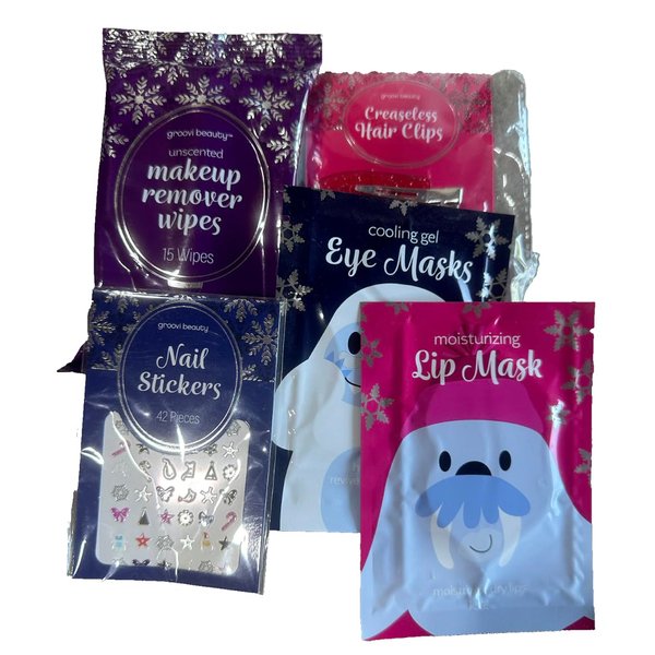 Groovy Post Makeup Self Care Kit Including Makeup Remover Wipes, Eye Masks, Lip Mask, Hair Clips, Nail Stickers