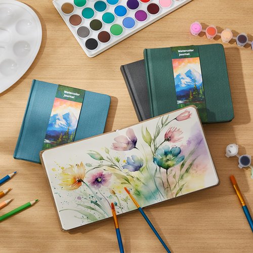 Mooliwe 4 Pcs Watercolor Paper Sketchbook 5.5" x 5.5" Watercolor Travel Journal 300 GSM Cotton Paper Cold Press 48 Pages Drawing Papers Artist Paper Pads Gift for Christmas(Dark Green Color)