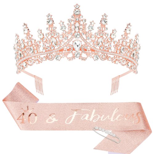 CIEHER 40th Birthday Crown + 40 & Fabulous Birthday Sash + Pearl Pin Set, 40th Birthday Gifts for Women Friends 40th Birthday Decorations Women Happy 40th Birthday Party Supplies