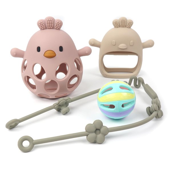 TiniTilla Baby Sensory 4-Piece Toy Set: Hollow Hand-Gripping Chicken Teether, Teething Mitten, Rattle Ball, and Anti-Drop Toy Strap (Pink/Beige)