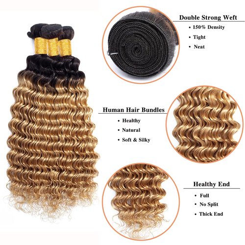 Deep Wave Human Hair Bundles 1B/27 Ombre Human Hair Bundle 3 Bundles Human Hair 22 24 26Inch 100% Unprocessed Brazilian Virgin Hair Bundles Deals Deep Wave Human Hair Extensions(1B/27-DP-22 24 26Inch)