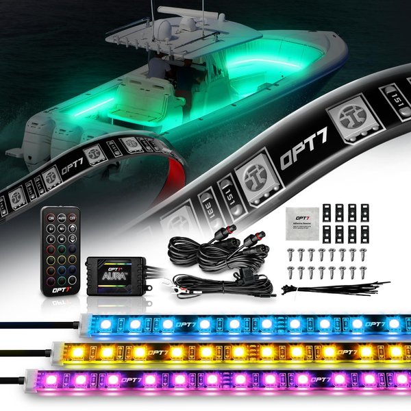 OPT7 Aura LED Marine Boat Lights, w/Soundsync RGB Interior Lighting Strip, Multi Colors Mode, Wireless Remote, IP67 Waterproof Deck Light for Pontoon Fishing Bass Sailboat Yacht Kayak, 12V