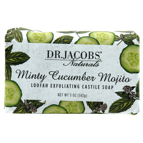 Dr Jacobs Naturals, Triple Milled Loofah Exfoliating Castile Bar Soap (Pack of 6) - Free of Parabens, Sulfates, Synthetics, Gltuen and GMO (Minty Cucumber Mojito)