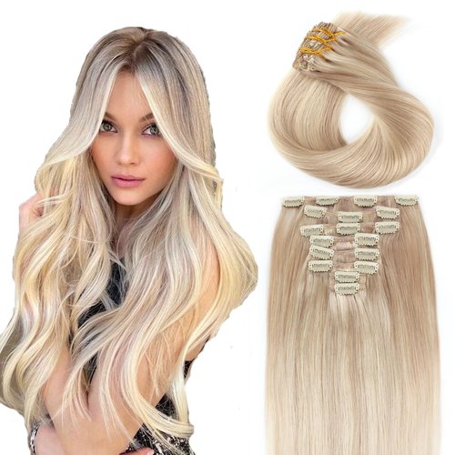 ABH AMAZINGBEAUTY HAIR 18 Inch Hair Extensions Real Human Hair Clip ins 8pcs/120g Dirty Blonde with Platinum Beach-Bleached Blonde P18-613 Clip on Hair Extensions Human Hair Double Weft
