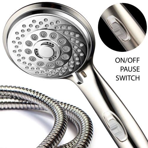 HotelSpa® 7-Setting Ultra-Luxury Handheld Shower-Head with Patented On/Off Pause Switch (Brushed Nickel/Chrome)