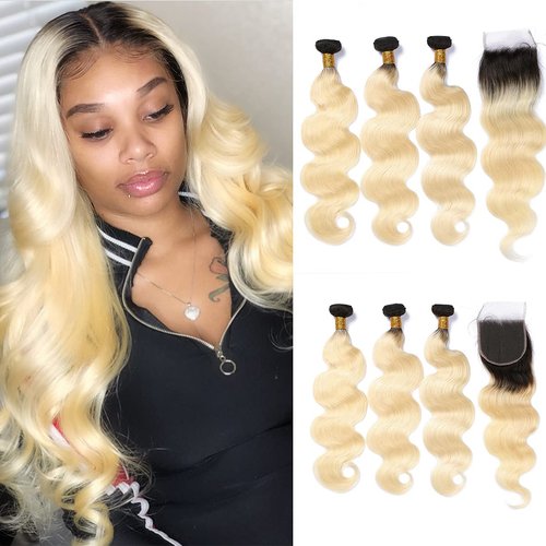 Guanyuwigs 8A Ombre #1B/613 Dark Roots Blonde Body Wave Brazilian Remy Virgin Human Hair Extensions 3 Bundles With Free Part 4x4 Lace Closure For Black Women (18with18 20 22, 1B613 Ombre)