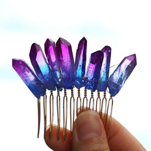 Handmade Natural Crystal Hair Comb Bridal Wedding Headwear Crystal Stone Hairpin Hair Clip Clamp Side Hair Combs for Women Hair Accessory (Purple)